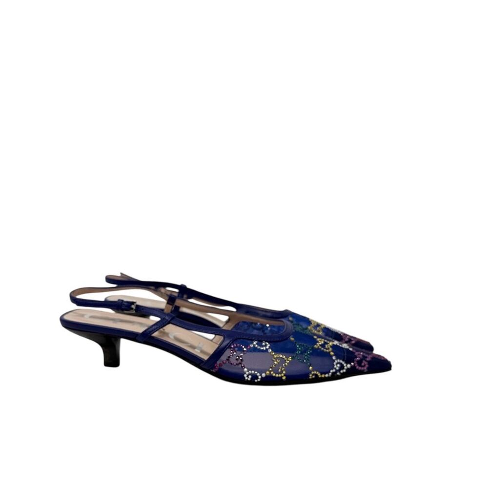 Gucci Tela Retino Crystal GG Monogram 35MM Blue Mesh Slingback Pumps Size 37.5